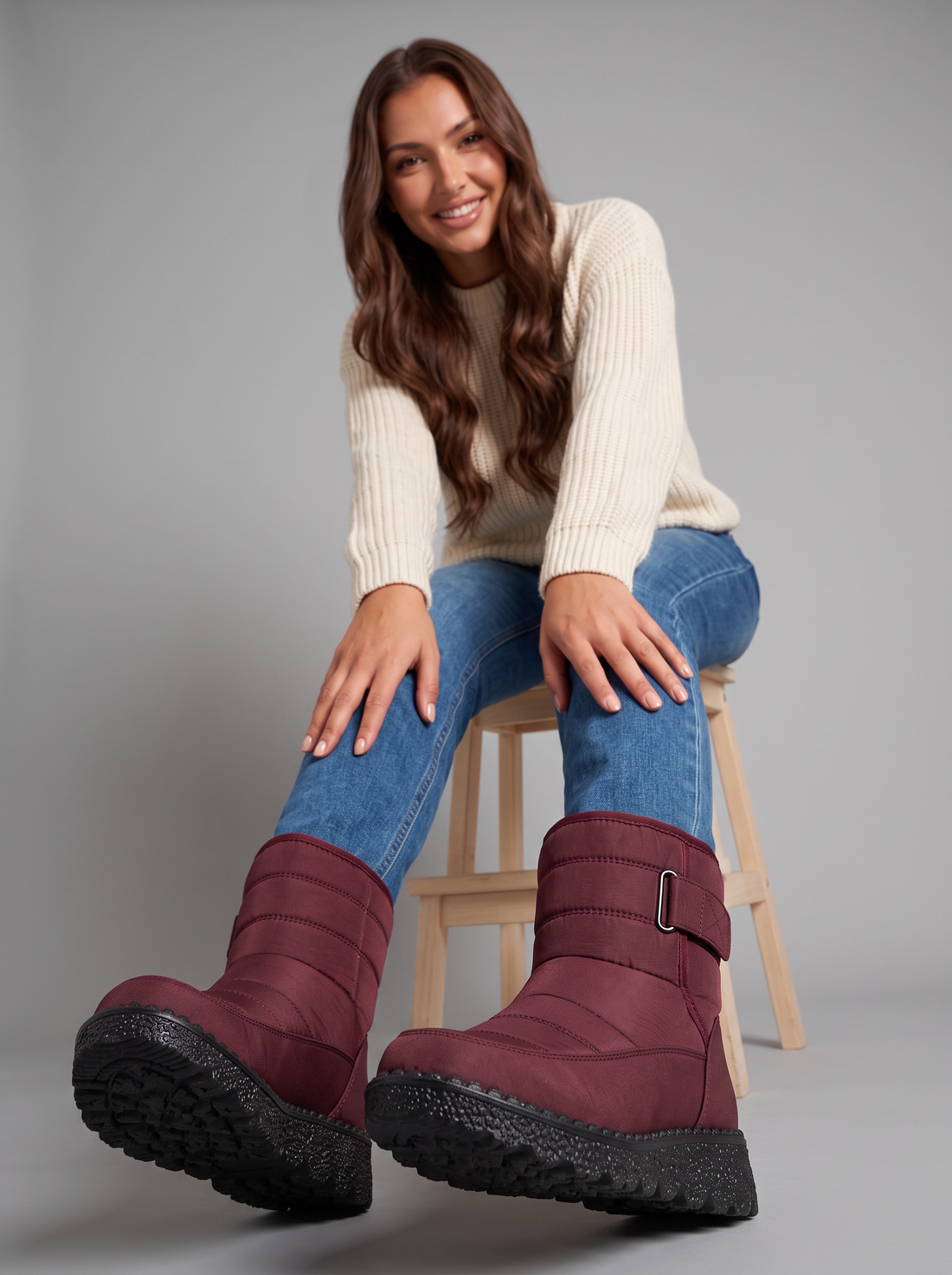 Woman seated on a stool showing burgundy quilted snow boots