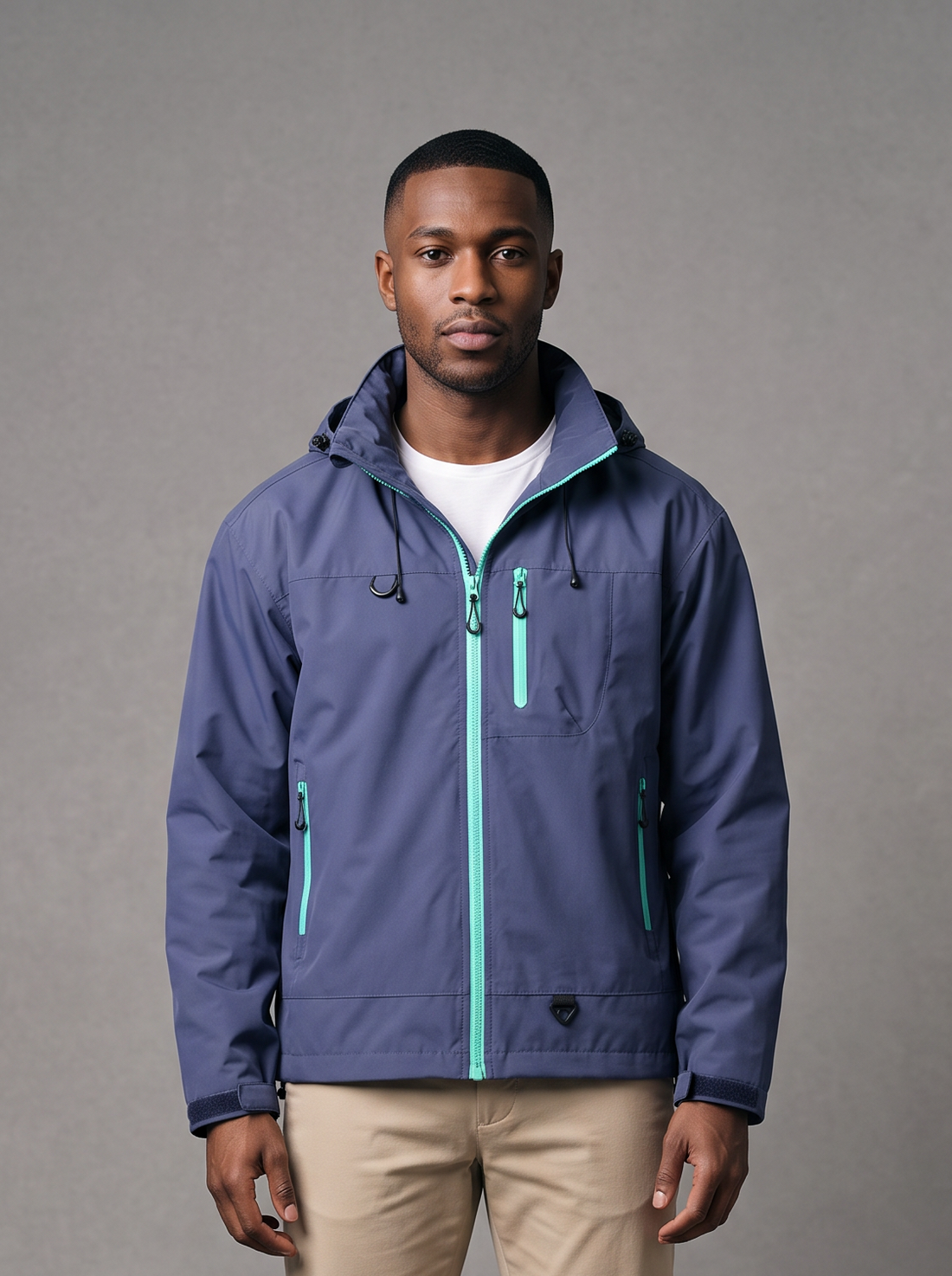 Indigo blue hooded windbreaker with teal zip