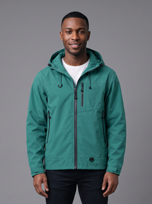 Man wearing a jade green hooded water-resistant rain jacket, front view