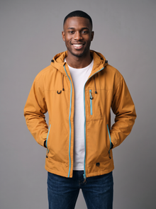 Orange hooded windbreaker rain jacket