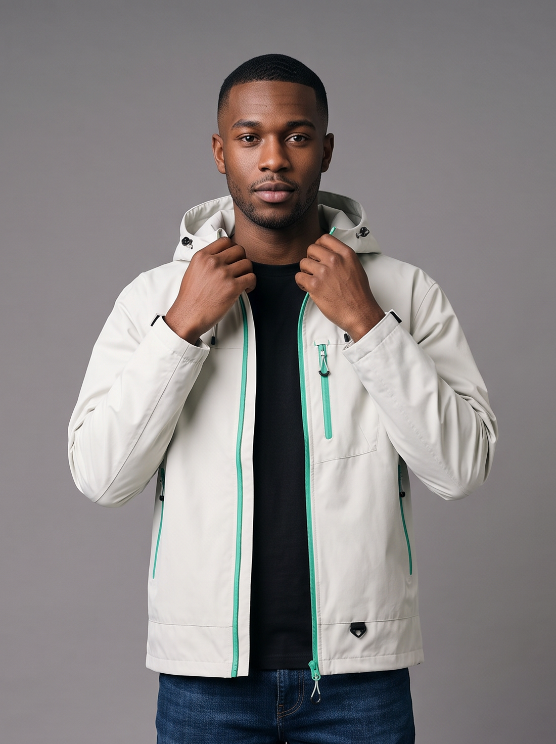 Off-white hooded rain jacket with dark jeans
