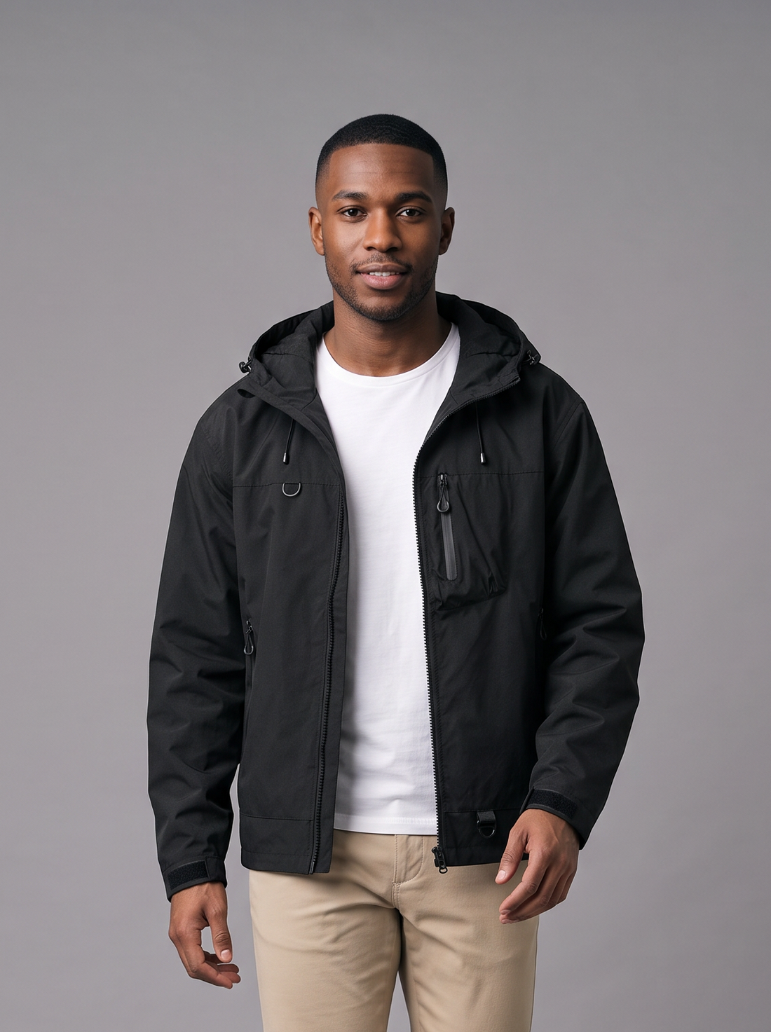 Black hooded water-resistant rain jacket
