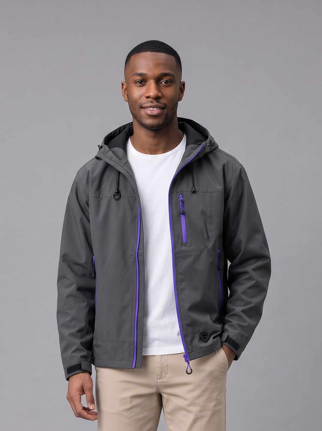 Grey hooded water-resistant windbreaker with beige chinos