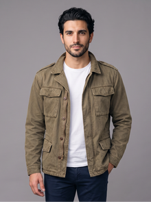 Man wearing an army green cotton field jacket open over a white t-shirt, front view