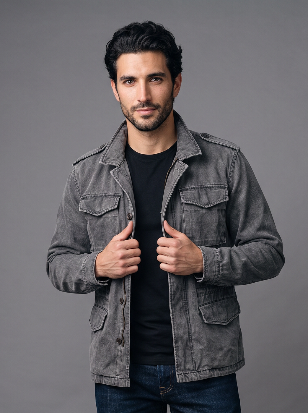 Grey cotton multi-pocket field jacket