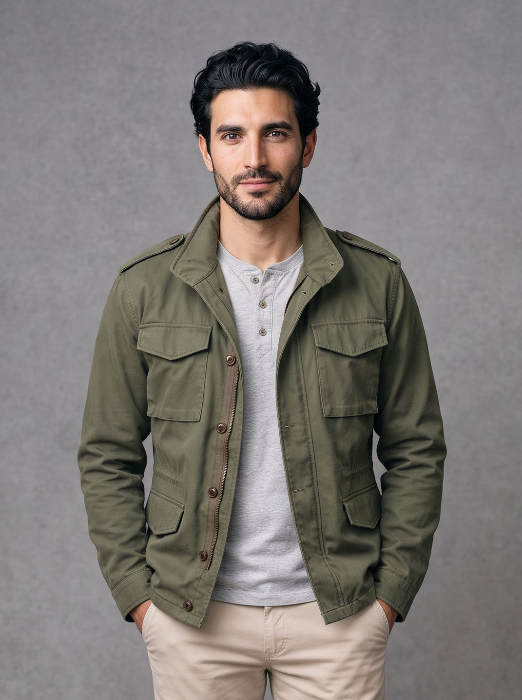 Green cotton utility field jacket with hands in pockets