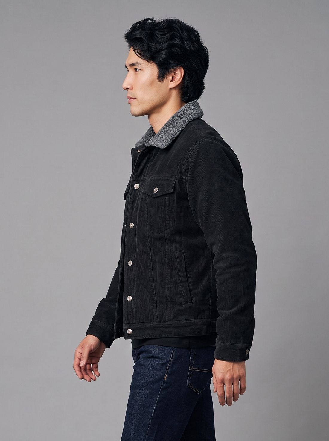 Side view of a black corduroy jacket with sherpa collar
