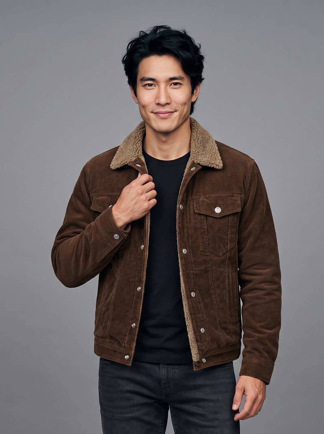 Brown corduroy jacket with sherpa collar
