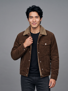 Brown corduroy jacket with sherpa collar