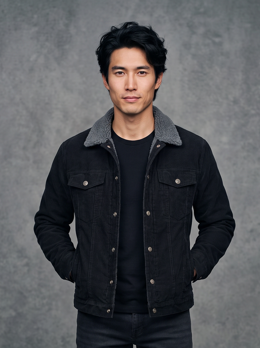 Man wearing a black corduroy jacket with sherpa collar, front view
