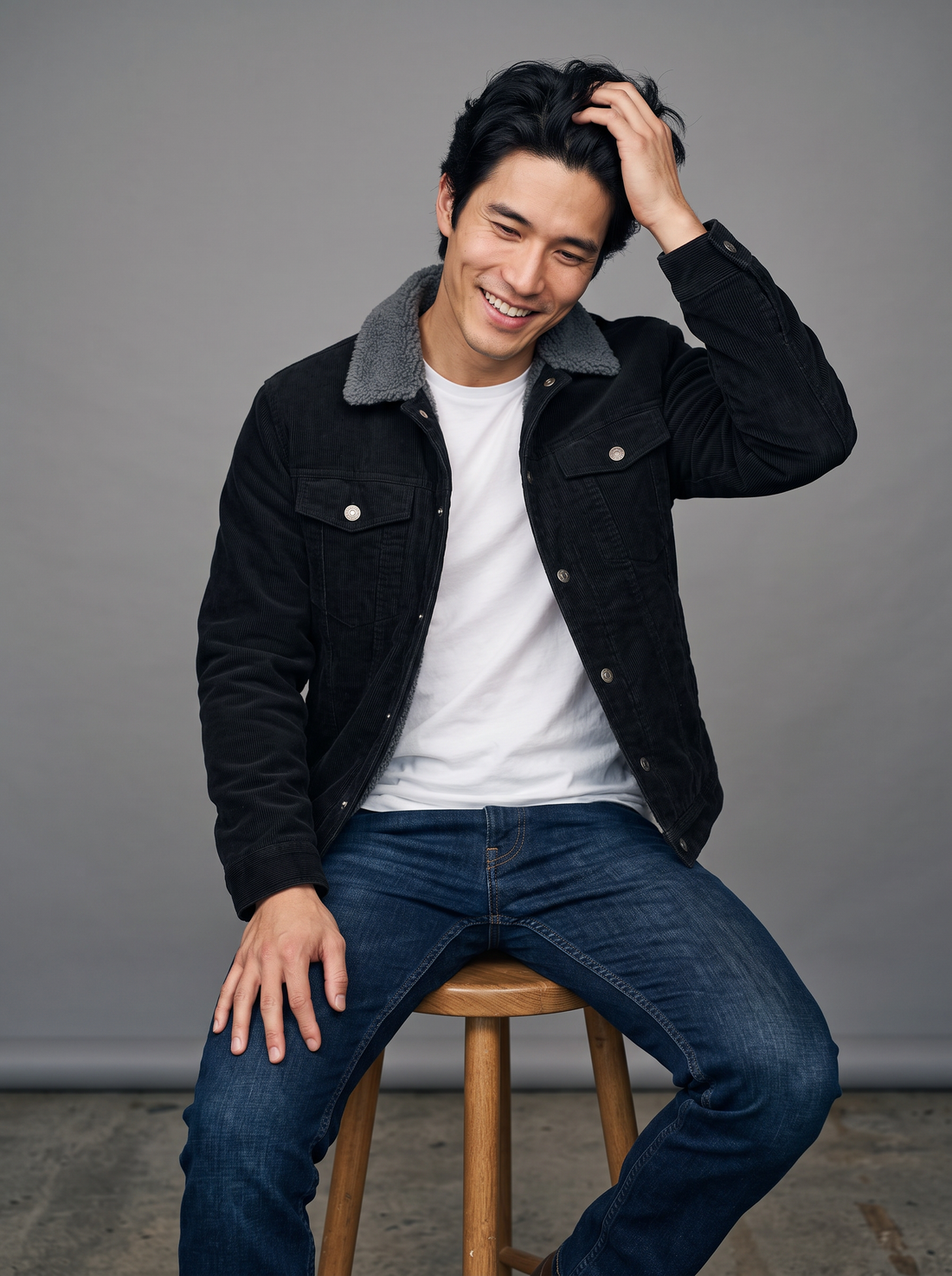 Man seated on a stool in an open black corduroy sherpa collar jacket