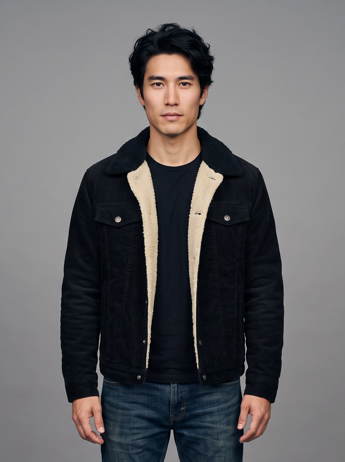 Black corduroy jacket with cream sherpa lined collar