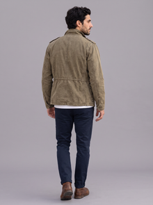 Back view of an army green cotton field jacket
