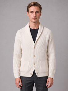 Men's cream ribbed knit button-front cardigan