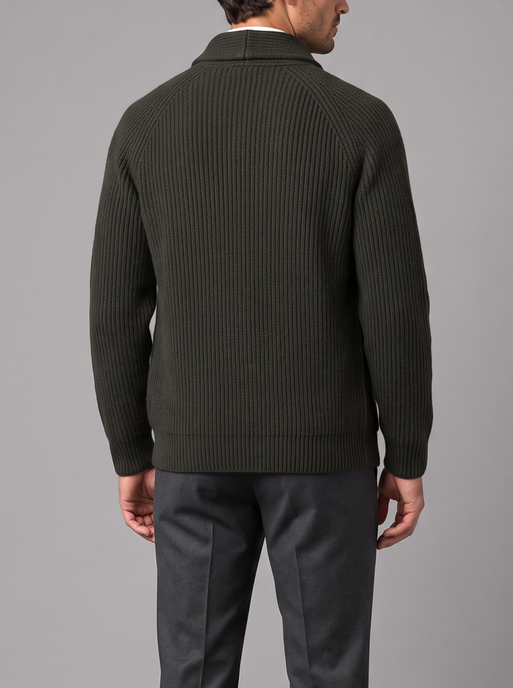 Men's charcoal ribbed knit button-front cardigan with pockets, front view