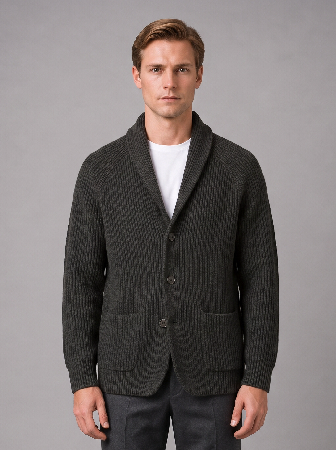 Men's charcoal ribbed knit button-front cardigan with pockets, front view