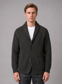 Men's charcoal ribbed knit button-front cardigan with pockets, front view