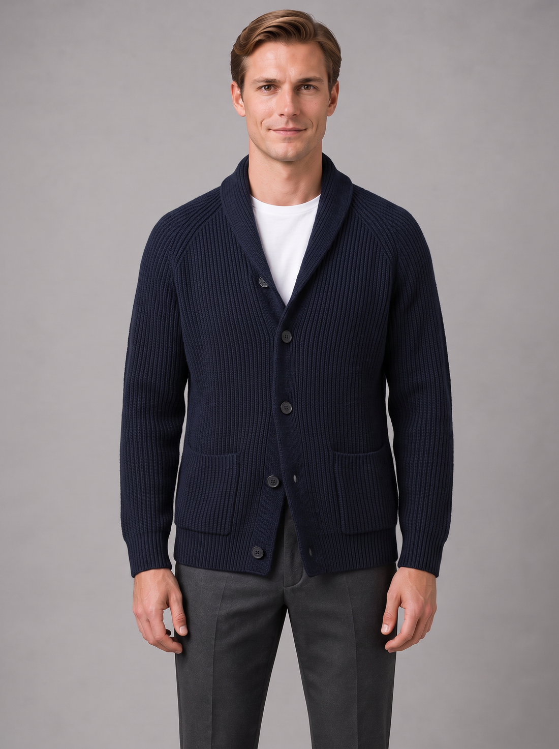 Men's navy ribbed knit button-front cardigan