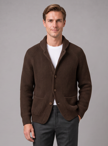 Men's brown ribbed knit button-front cardigan