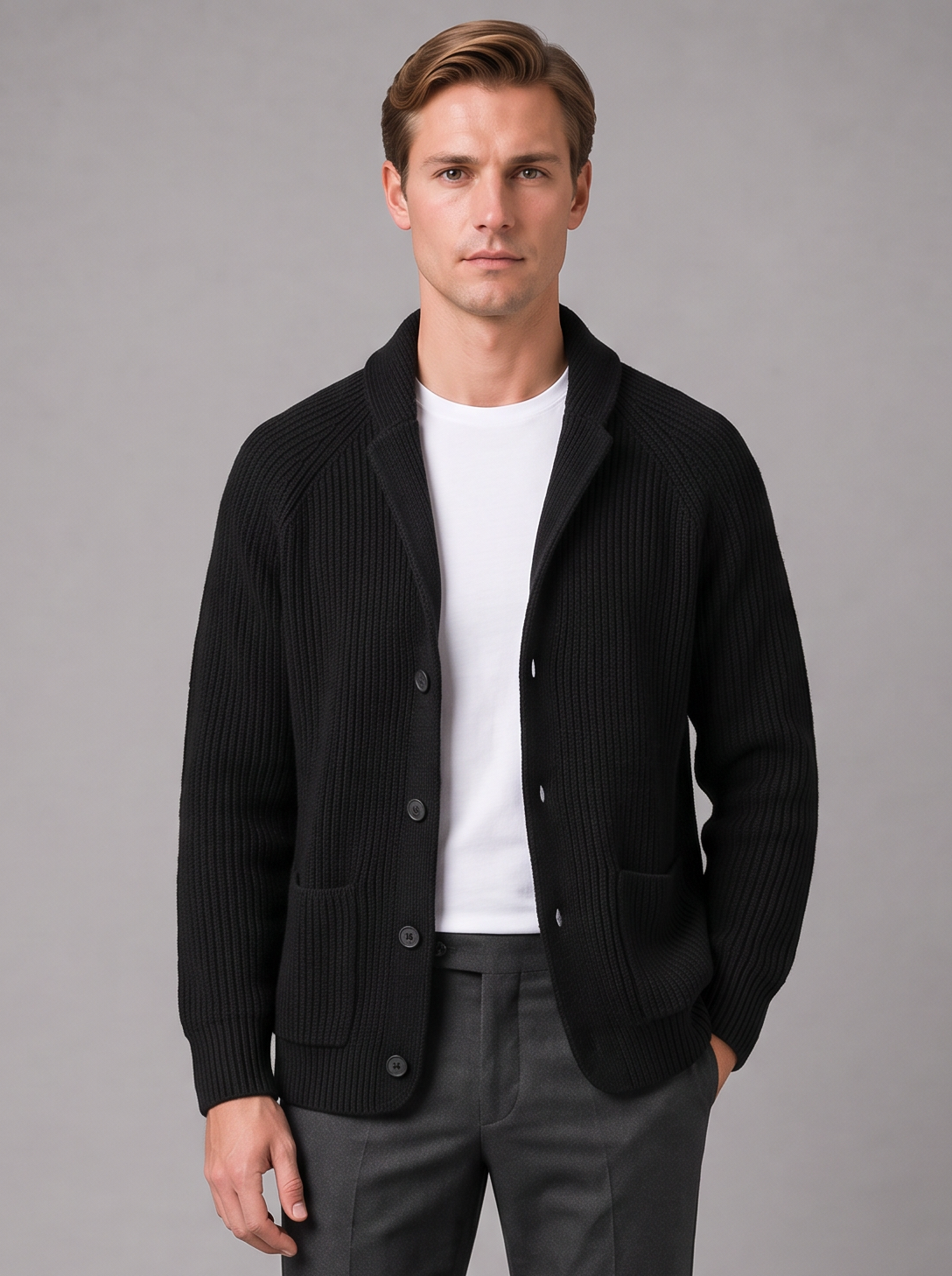 Men's black ribbed knit button-front cardigan