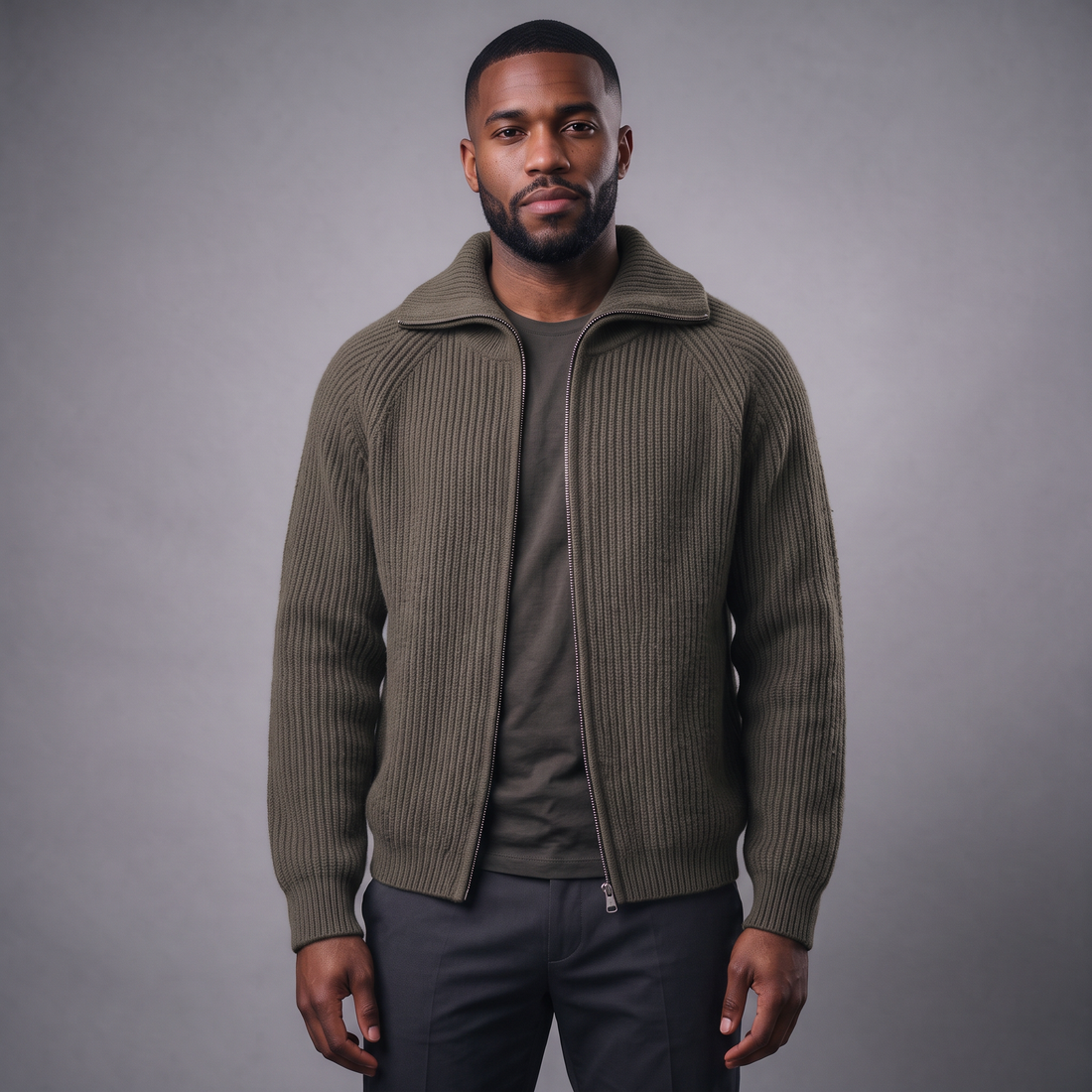 Men's dark green ribbed funnel-neck full-zip knit cardigan