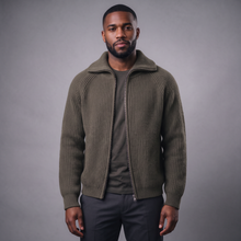 Men's dark green ribbed funnel-neck full-zip knit cardigan