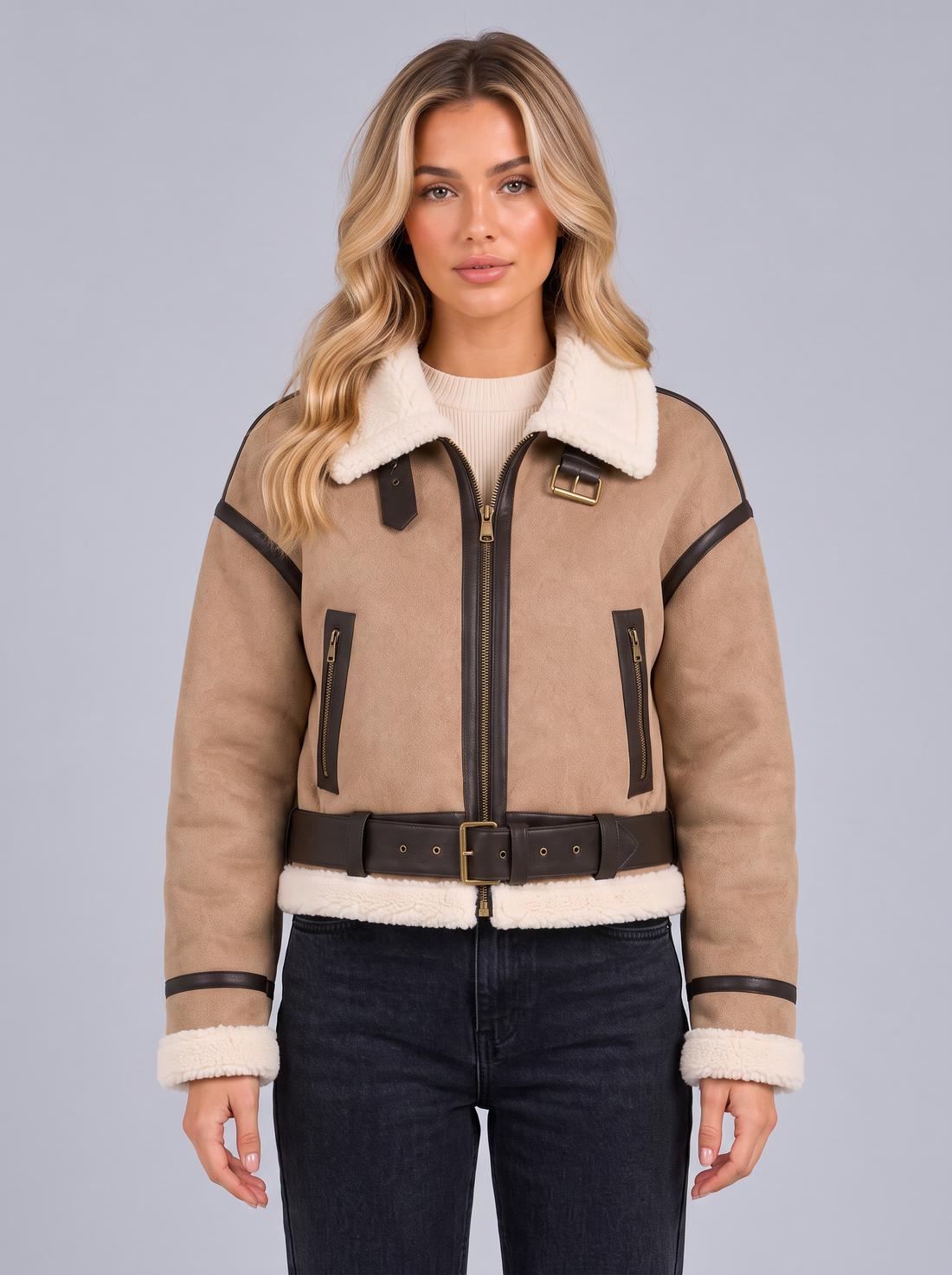 Women's Faux Shearling Aviator Jacket in Khaki – front view