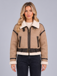 Women's Faux Shearling Aviator Jacket in Khaki – front view