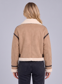 Women's Faux Shearling Aviator Jacket in Khaki – back view
