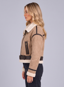 Women's Faux Shearling Aviator Jacket in Khaki – side view