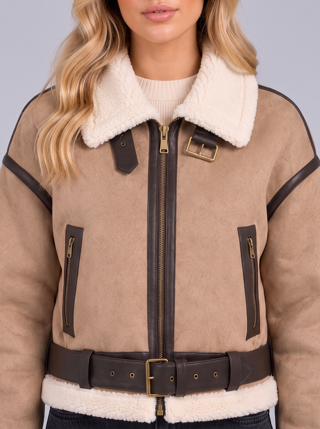 Women's Faux Shearling Aviator Jacket in Khaki – close-up of teddy collar and belt