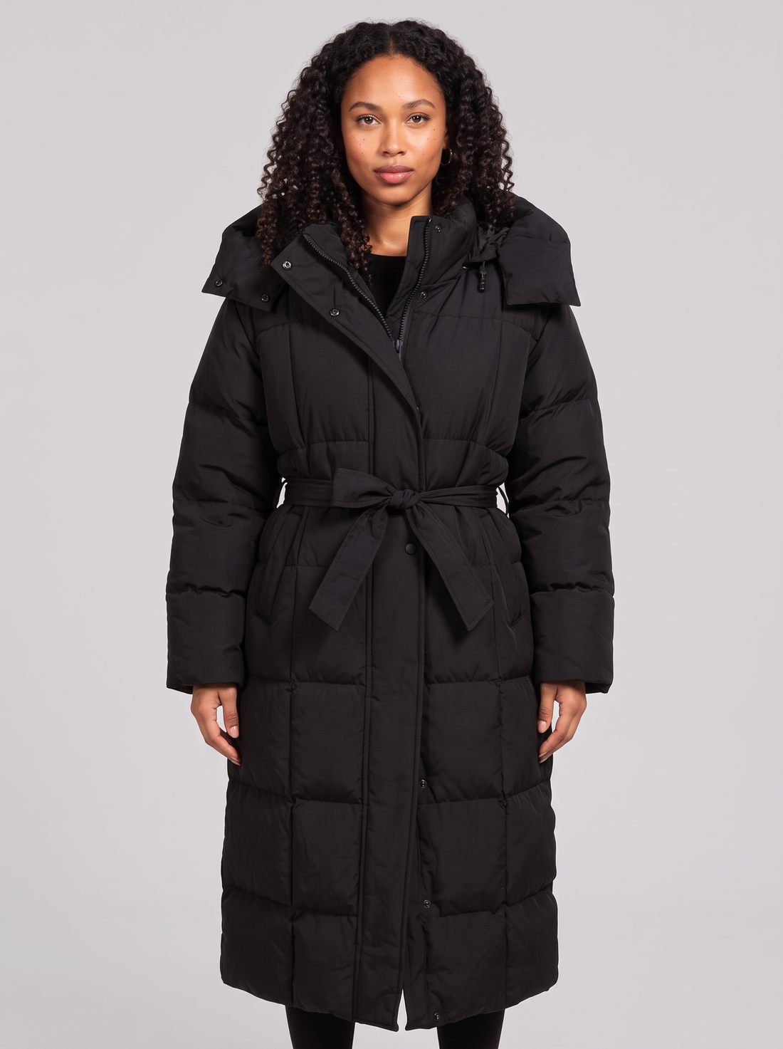 Women's Long Puffer Coat with Hood in Black – front view