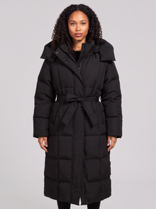 Women's Long Puffer Coat with Hood in Black – front view