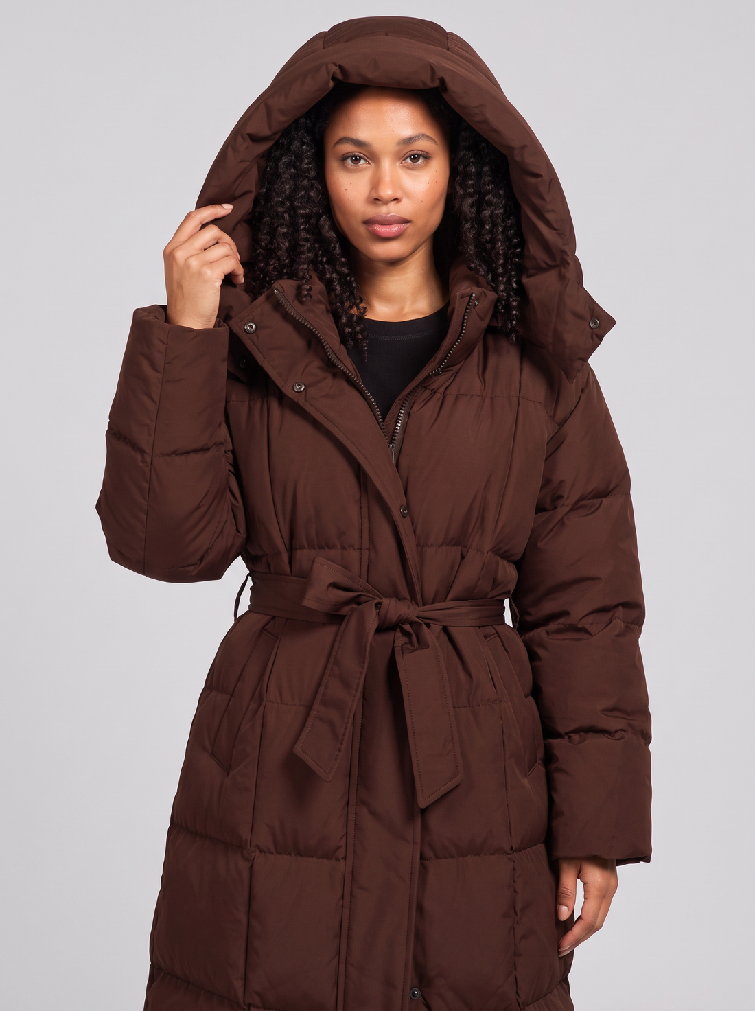 Women's Long Puffer Coat with Hood in Brown – front view