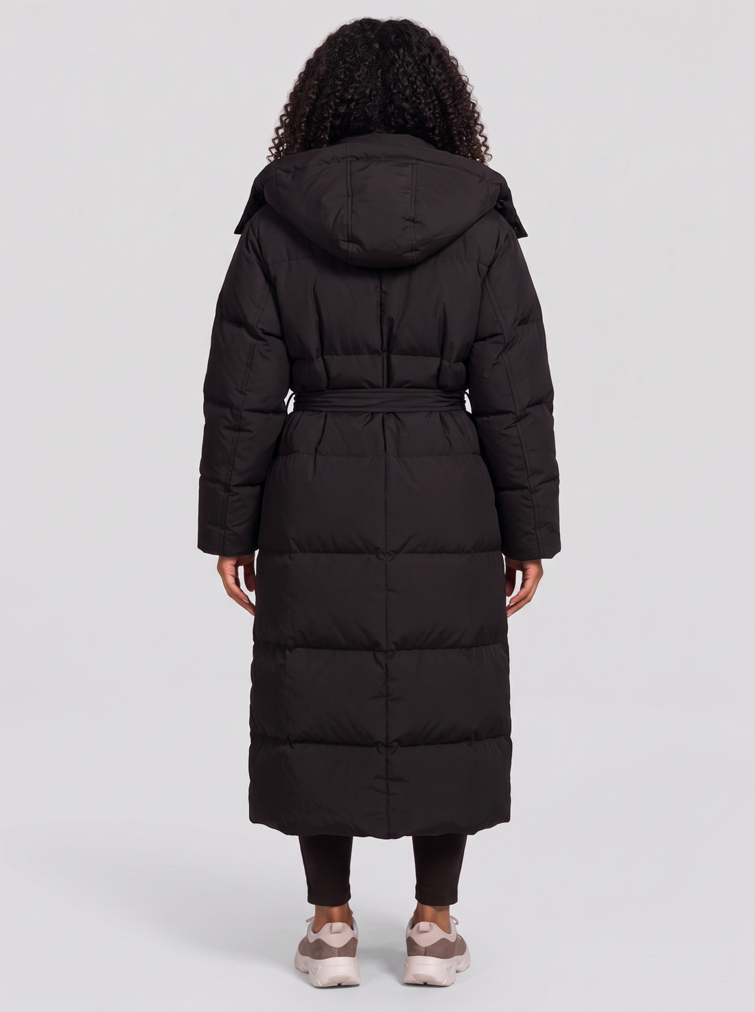 Women's Long Puffer Coat with Hood in Black – back view, ankle length