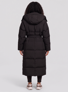 Women's Long Puffer Coat with Hood in Black – back view, ankle length