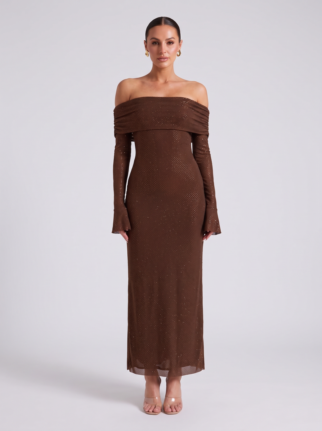 Women's chocolate brown off shoulder sequin maxi dress – front