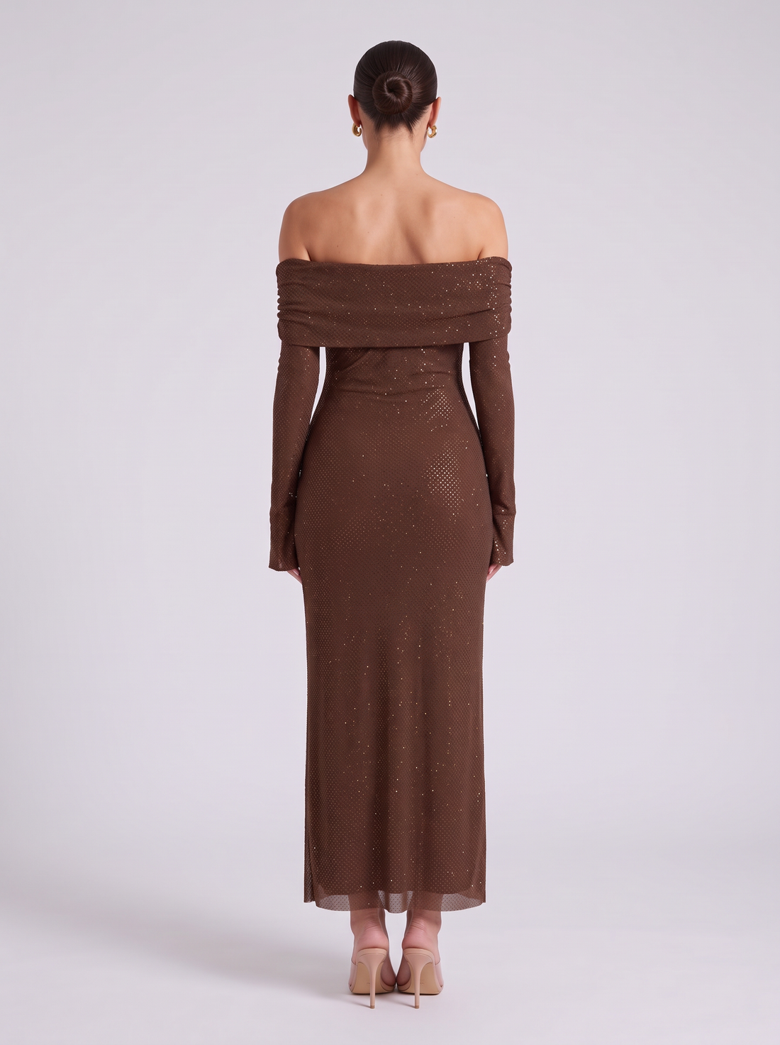 Women's Sequin Maxi Dress in Chocolate Brown – back view