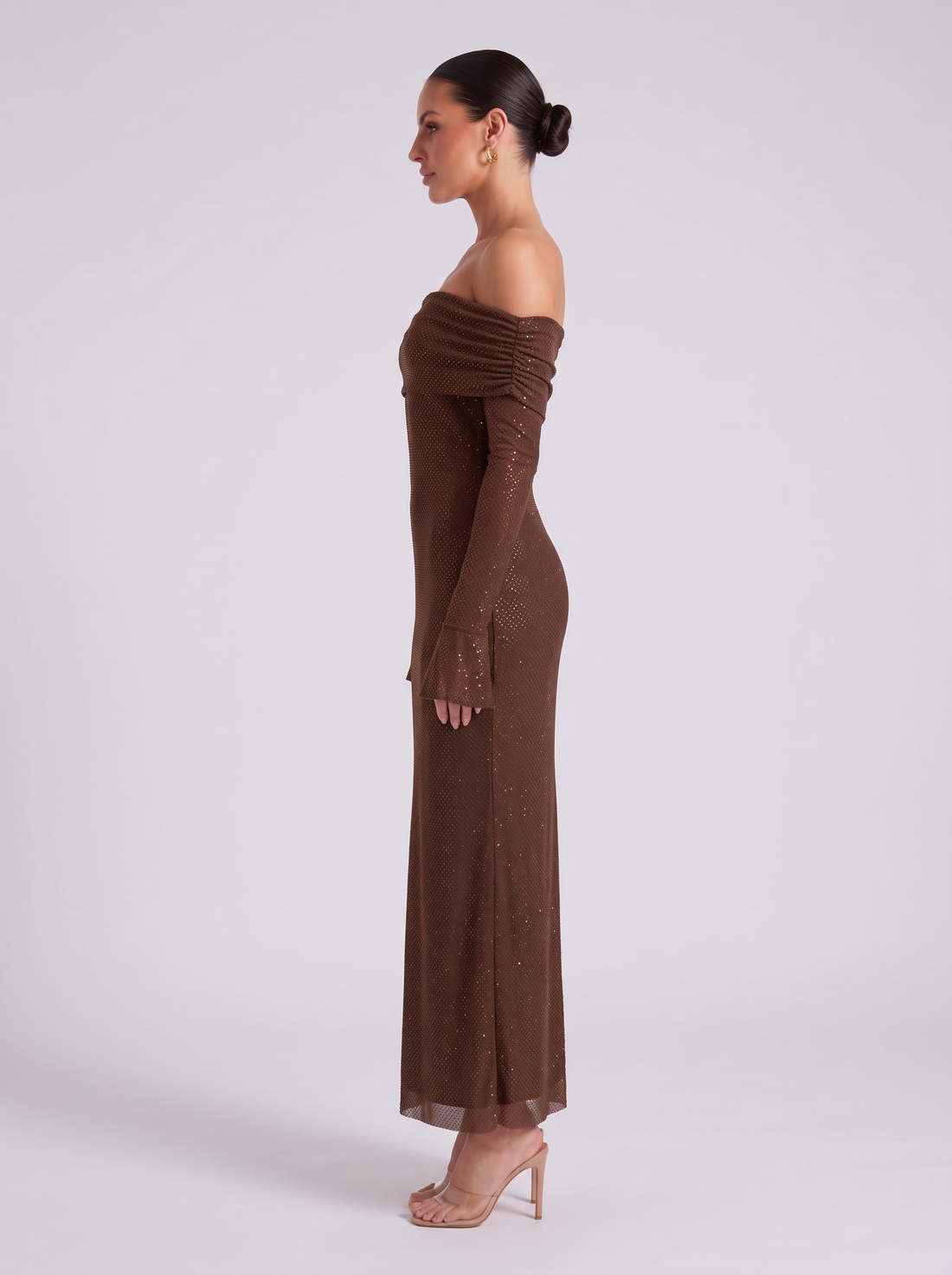 Women's Sequin Maxi Dress in Chocolate Brown – side view
