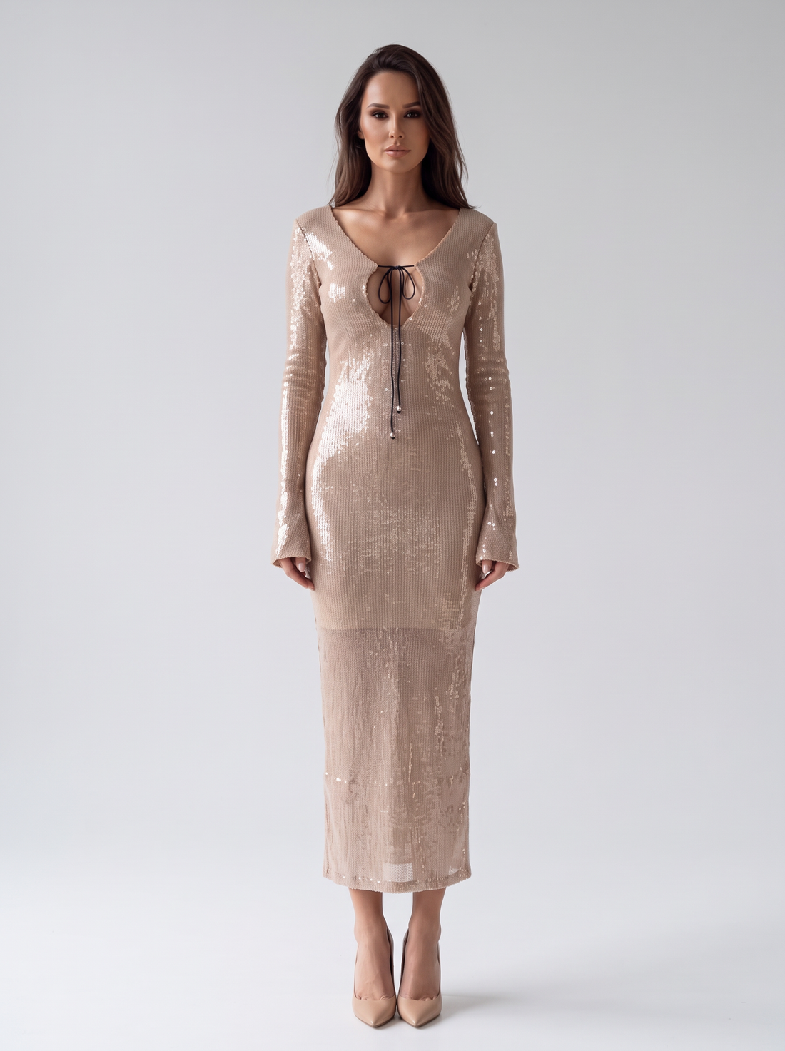 Women's Long Sleeve Sequin Maxi Dress in Light Brown – front view