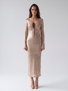 Women's Long Sleeve Sequin Maxi Dress in Light Brown – front view