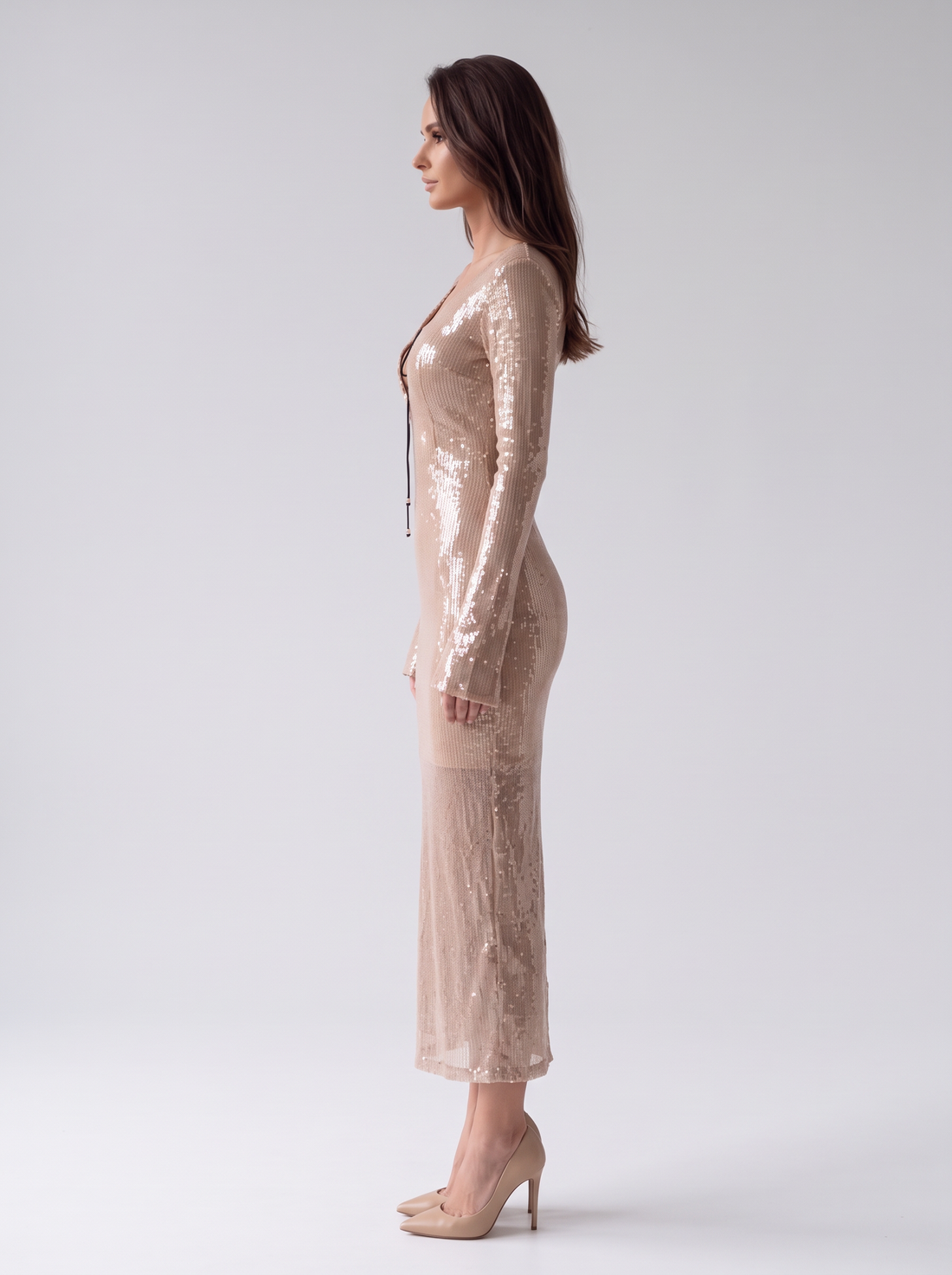 Women's Long Sleeve Sequin Maxi Dress in Light Brown – front view