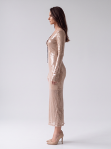 Women's Long Sleeve Sequin Maxi Dress in Light Brown – side view