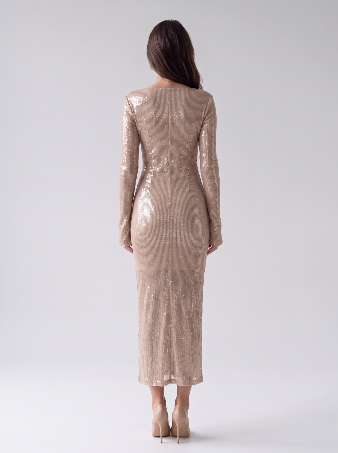 Women's Long Sleeve Sequin Maxi Dress in Light Brown – back view