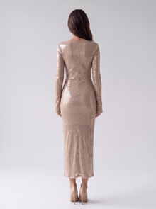 Women's Long Sleeve Sequin Maxi Dress in Light Brown – back view