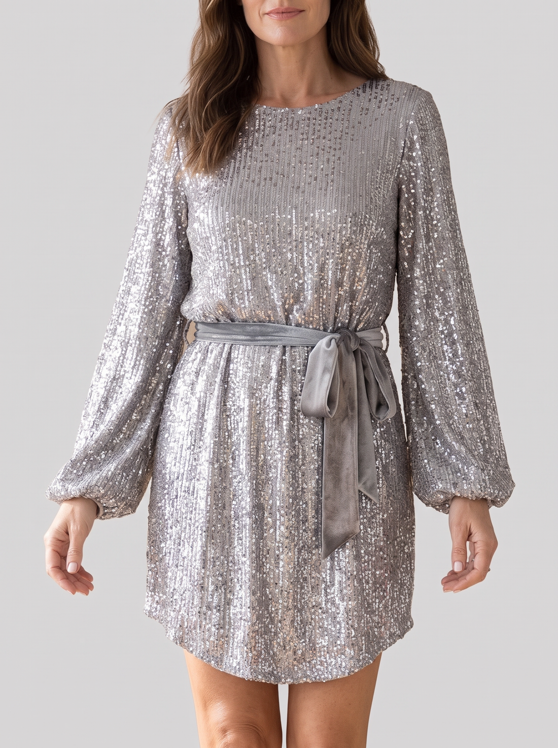 Women's Balloon Sleeve Sequin Mini Dress in Grey – front
