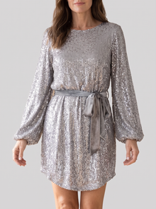 Women's Balloon Sleeve Sequin Mini Dress in Grey – full-length front view