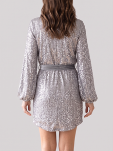 Women's Balloon Sleeve Sequin Mini Dress in Grey – back view