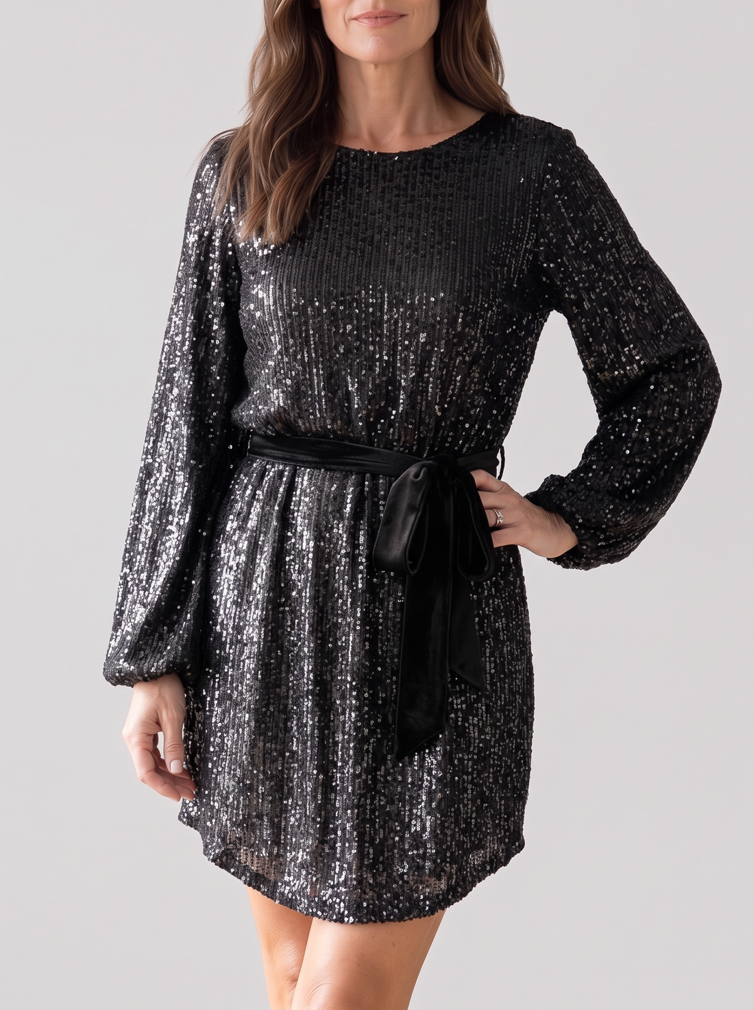 Women's Balloon Sleeve Sequin Mini Dress in Black – front view