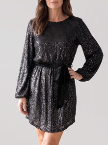 Women's Balloon Sleeve Sequin Mini Dress in Black – front view